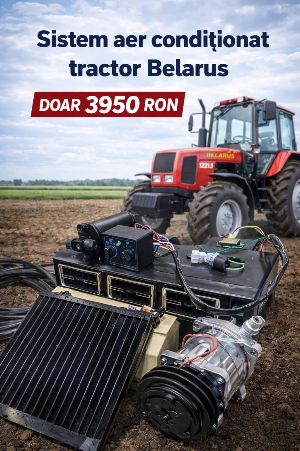 Sistem aer conditionat tractor Belarus cu functie racire/incalzire 5.5kw 12V fulie trapez
