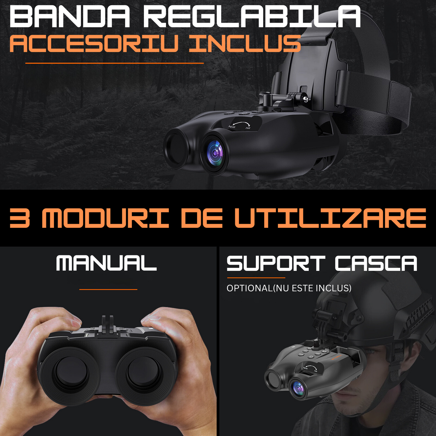 Binoclu cu vedere pe timp de noapte (night vision) cu IR 850Nm 3W, FullHD, Zoom optic 5x, display HD 1.54'', banda reglabila pentru cap inclusa