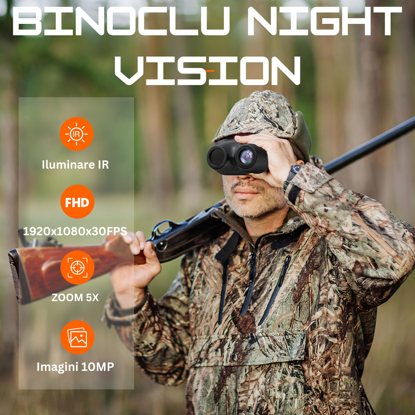 Binoclu cu vedere pe timp de noapte (night vision) cu IR 850Nm 3W, FullHD, Zoom optic 5x, display HD 1.54'', banda reglabila pentru cap inclusa