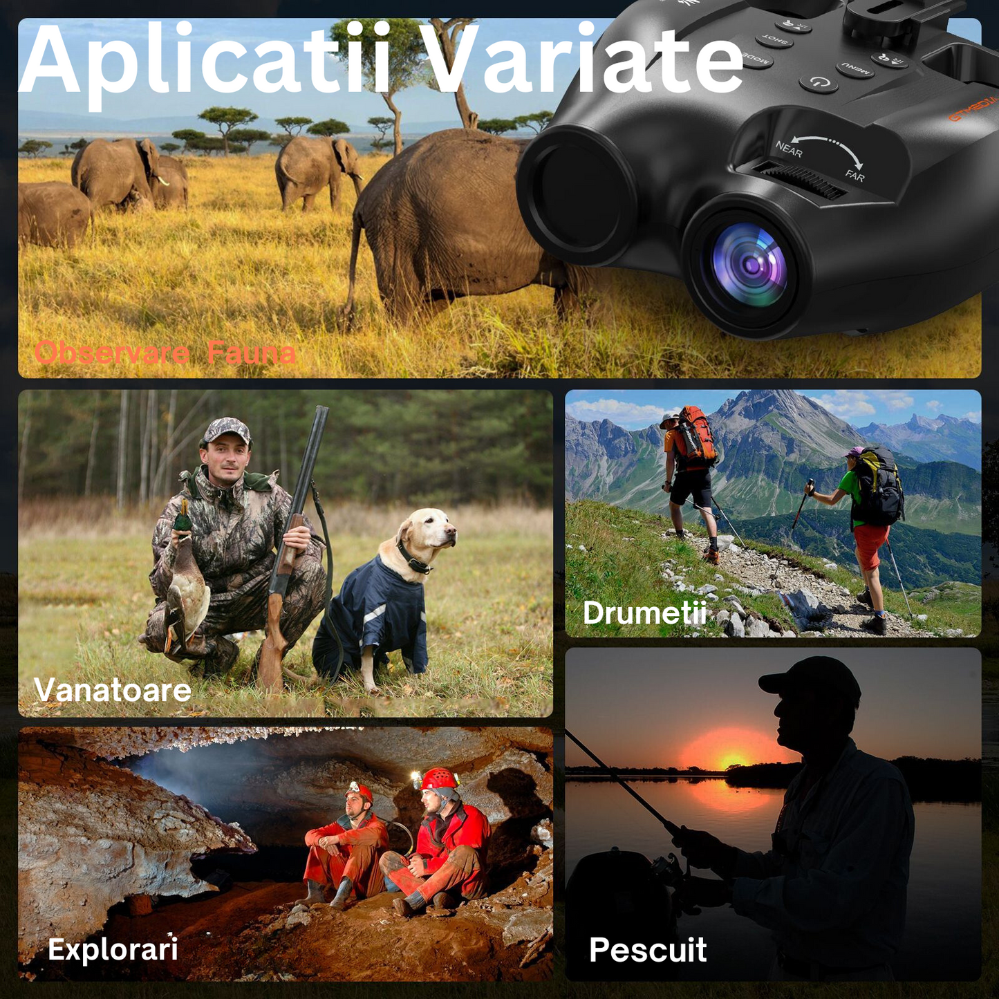 Binoclu cu vedere pe timp de noapte (night vision) cu IR 850Nm 3W, FullHD, Zoom optic 5x, display HD 1.54'', banda reglabila pentru cap inclusa