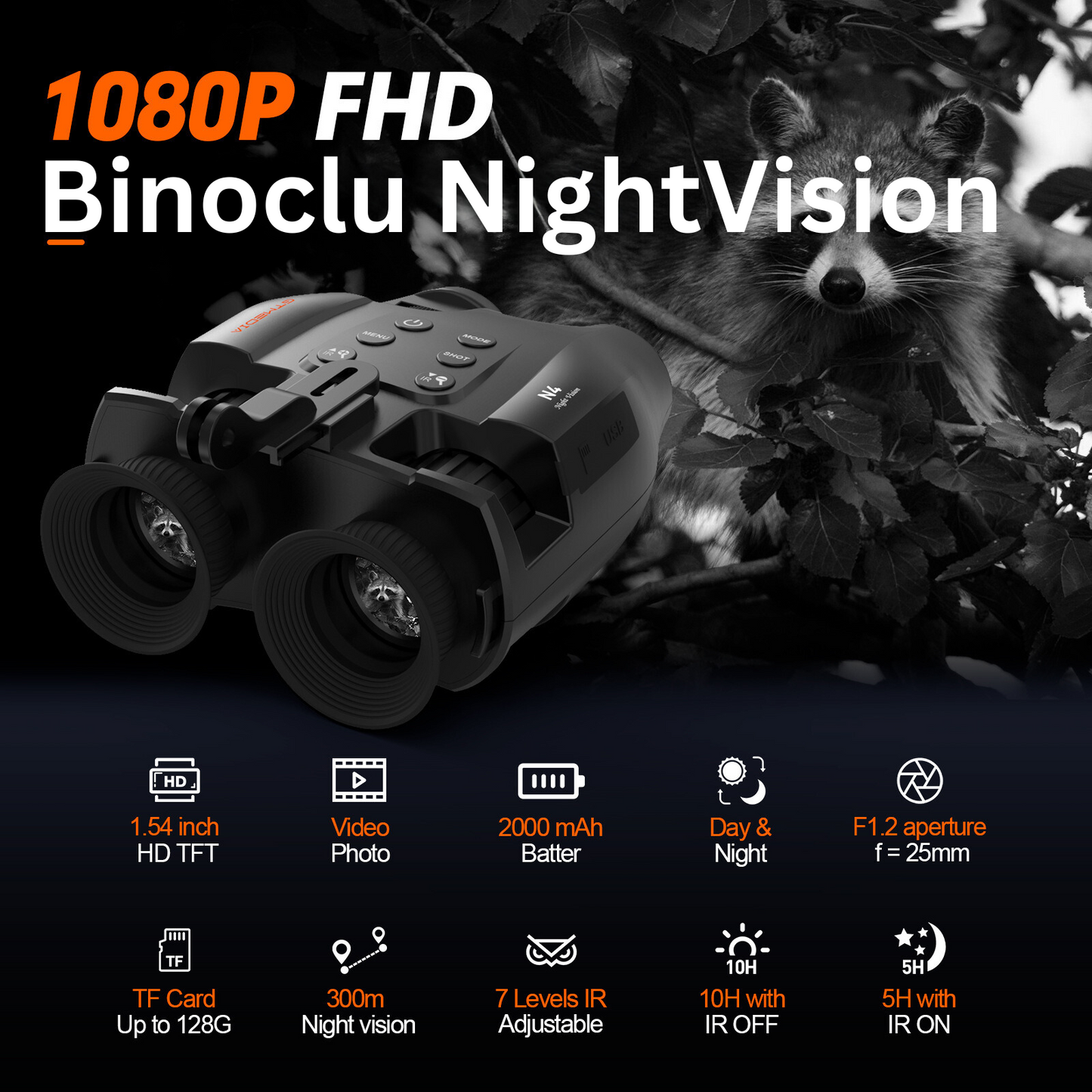 Binoclu cu vedere pe timp de noapte (night vision) cu IR 850Nm 3W, FullHD, Zoom optic 5x, display HD 1.54'', banda reglabila pentru cap inclusa